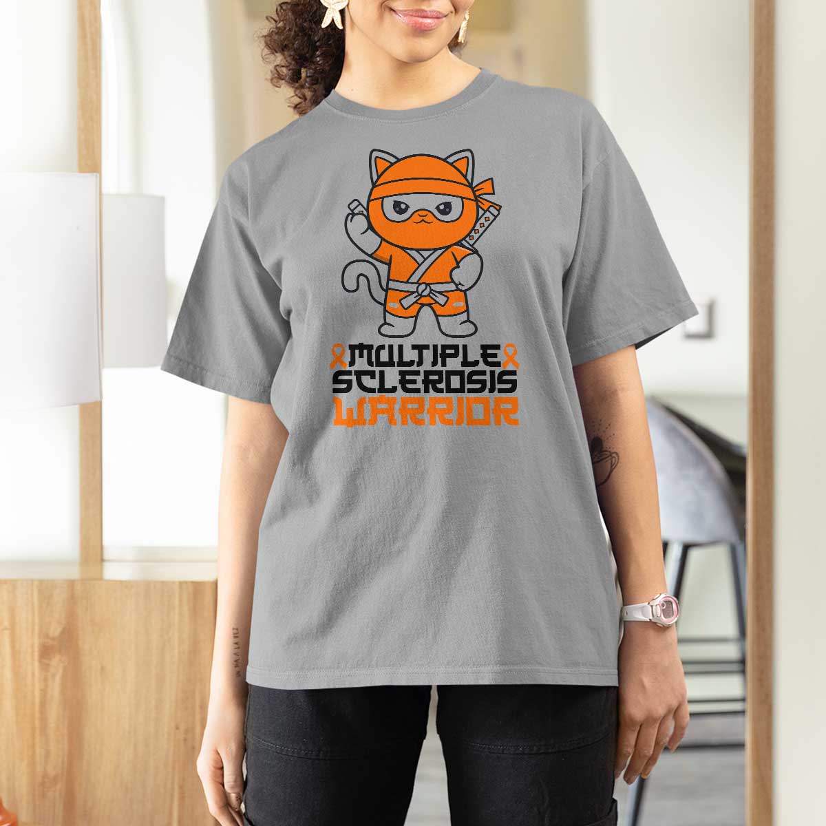Multiple Sclerosis Awareness T Shirt For Women Orange Ribbon MS Warrior Ninja