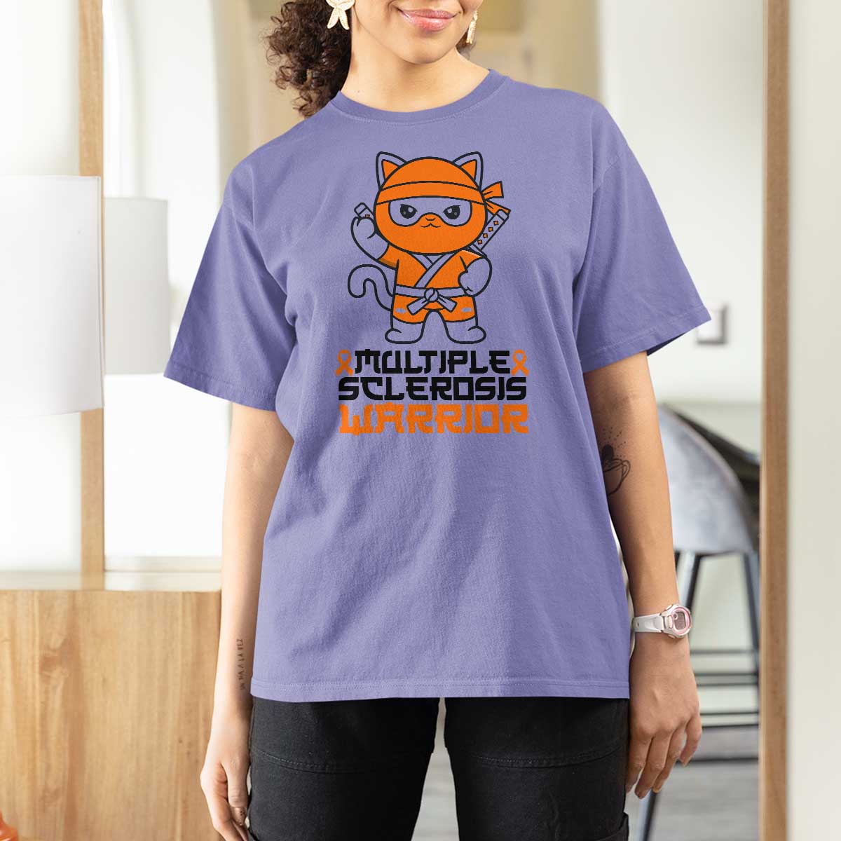 Multiple Sclerosis Awareness T Shirt For Women Orange Ribbon MS Warrior Ninja