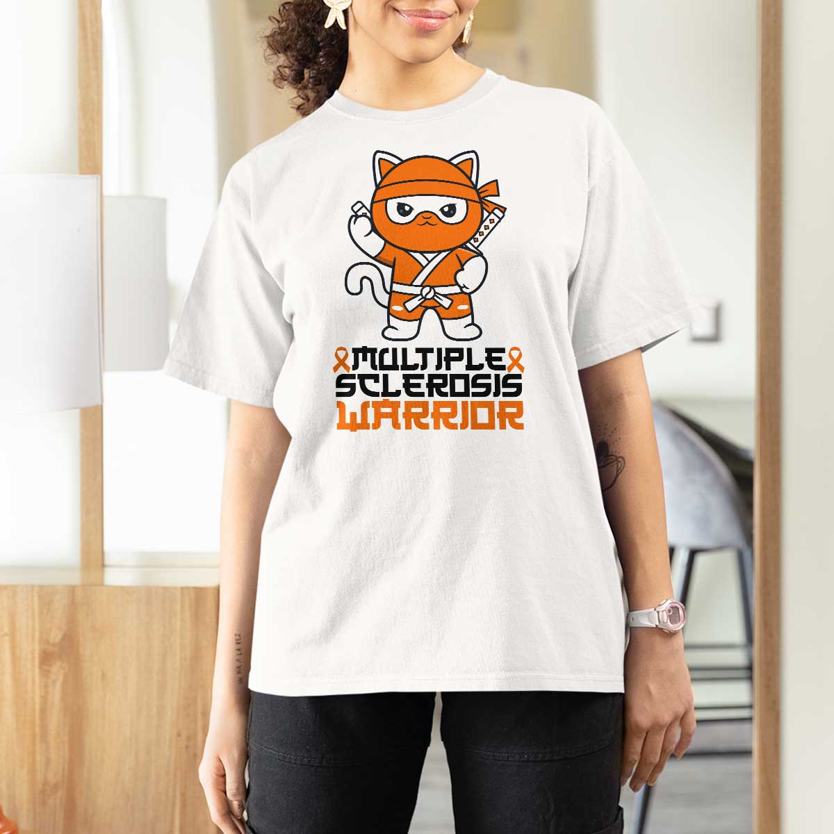 Multiple Sclerosis Awareness T Shirt For Women Orange Ribbon MS Warrior Ninja