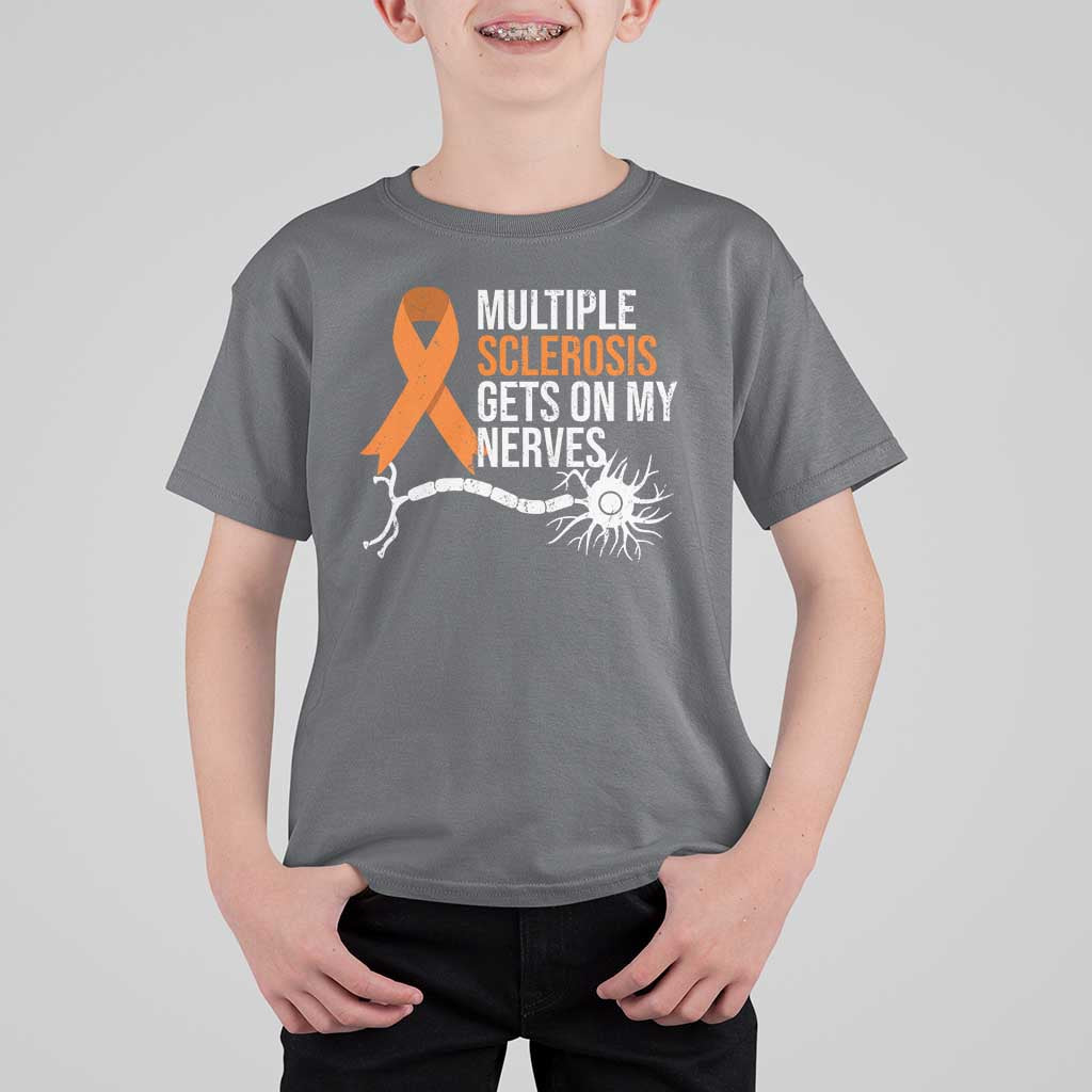 Multiple Sclerosis Awareness T Shirt For Kid Orange Ribbon MS Gets On My Nerves