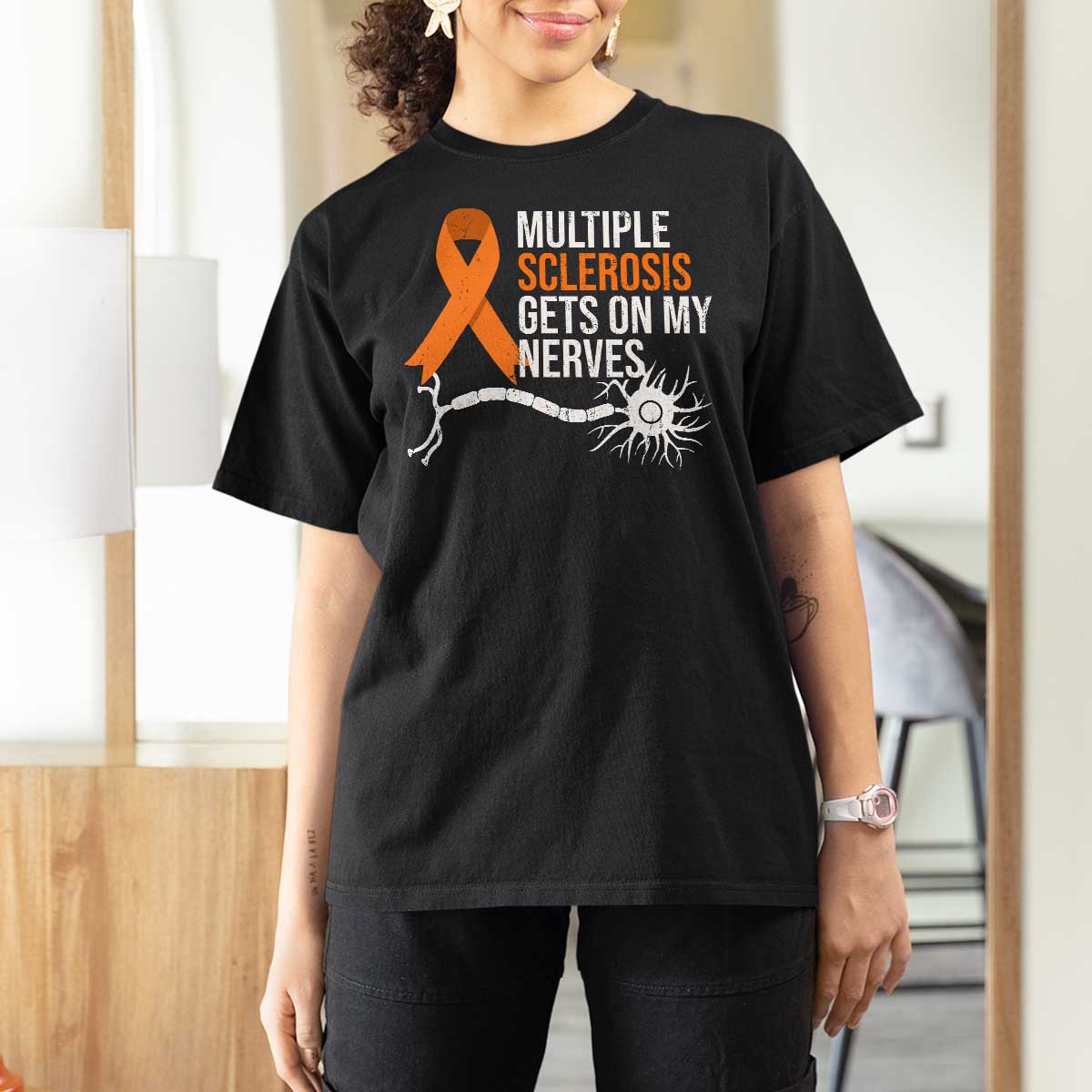 Multiple Sclerosis Awareness T Shirt For Women Orange Ribbon MS Gets On My Nerves