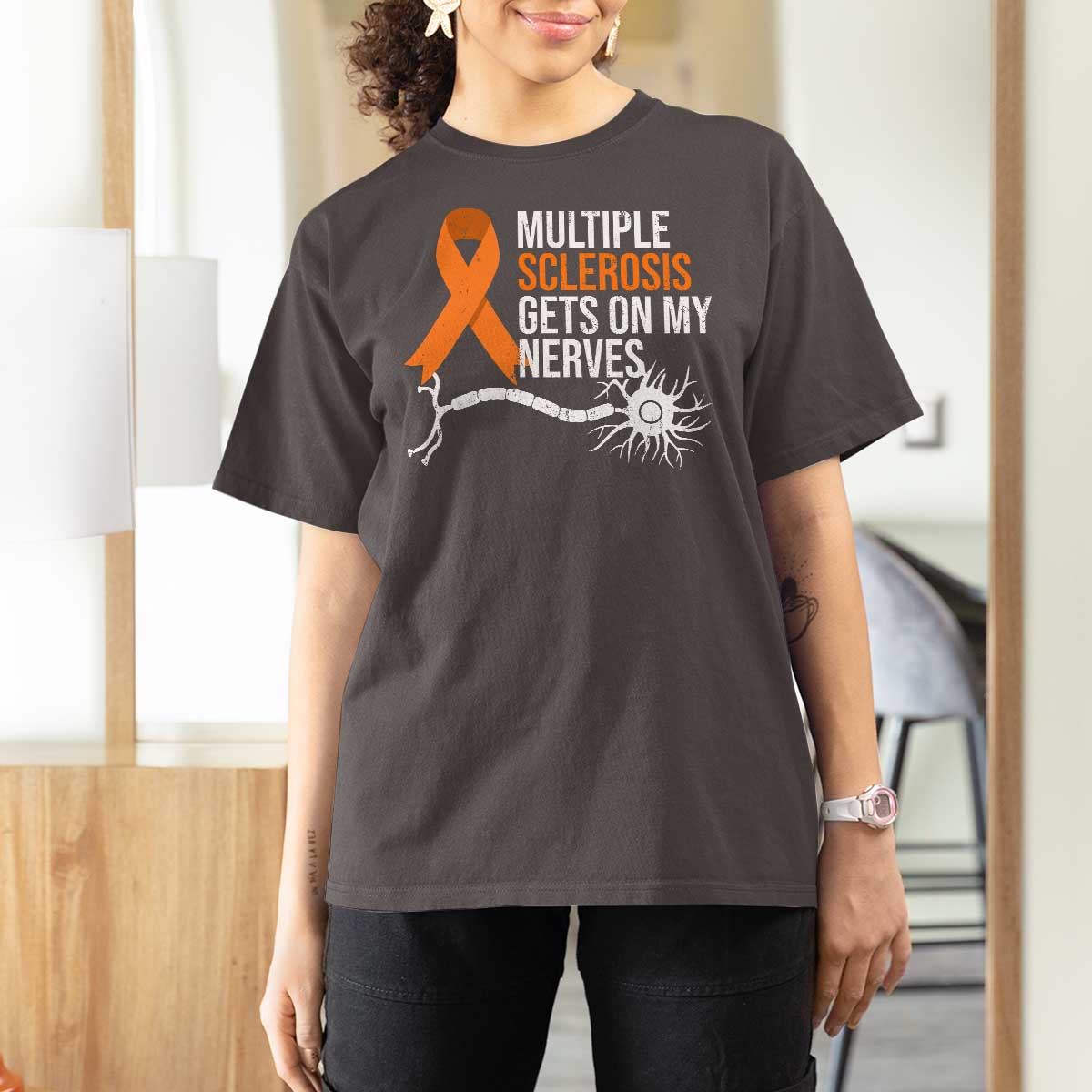 Multiple Sclerosis Awareness T Shirt For Women Orange Ribbon MS Gets On My Nerves
