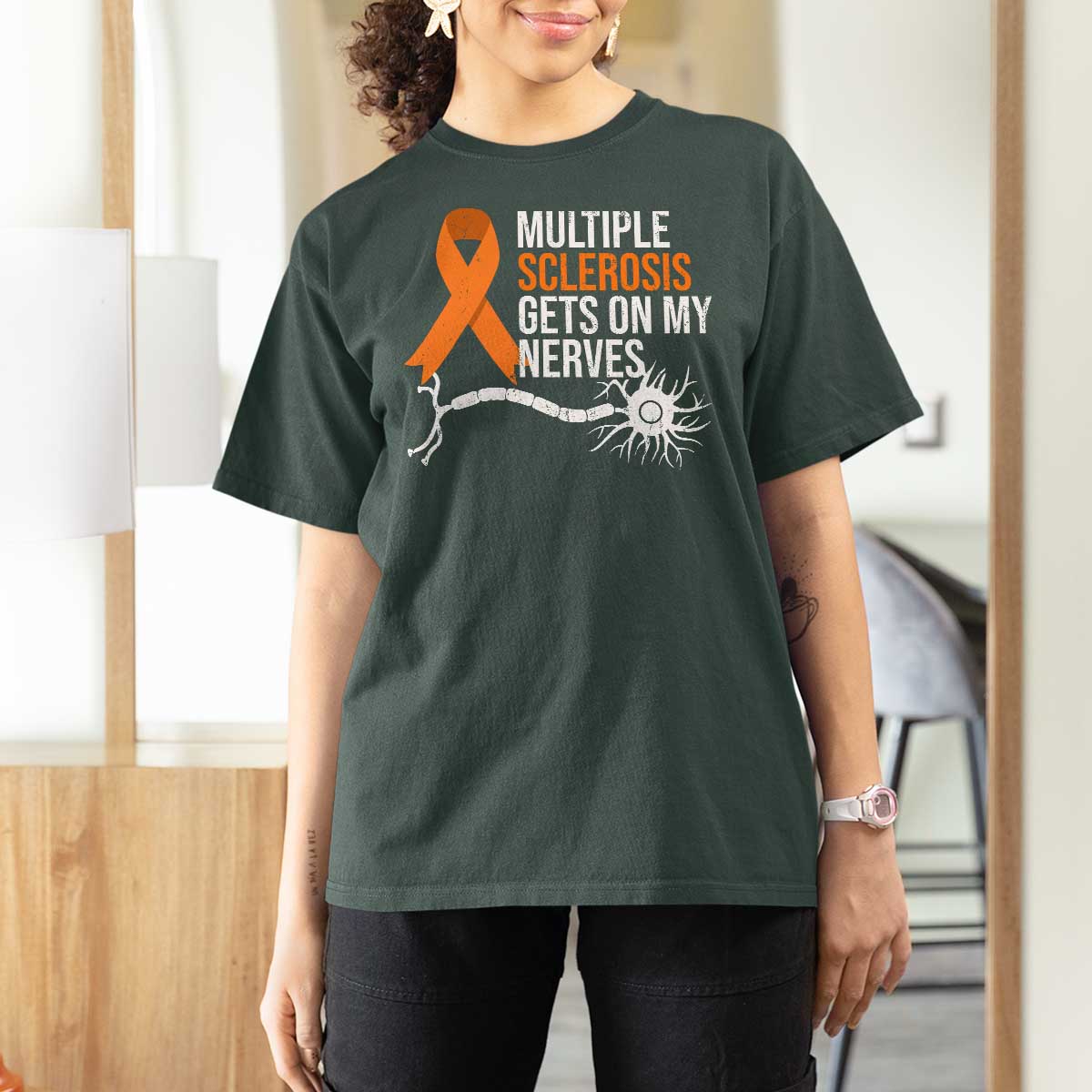 Multiple Sclerosis Awareness T Shirt For Women Orange Ribbon MS Gets On My Nerves