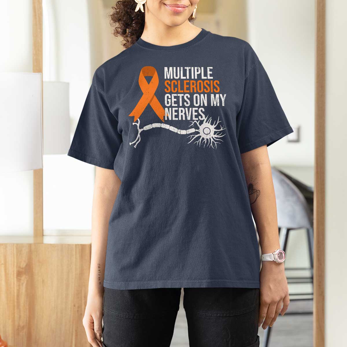 Multiple Sclerosis Awareness T Shirt For Women Orange Ribbon MS Gets On My Nerves
