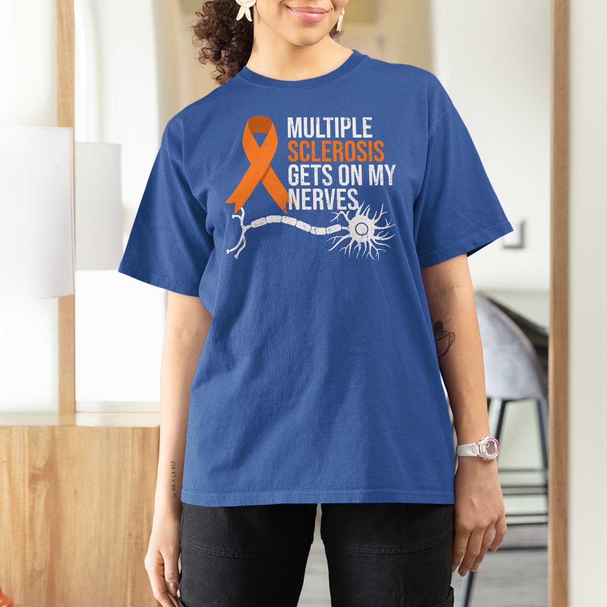 Multiple Sclerosis Awareness T Shirt For Women Orange Ribbon MS Gets On My Nerves