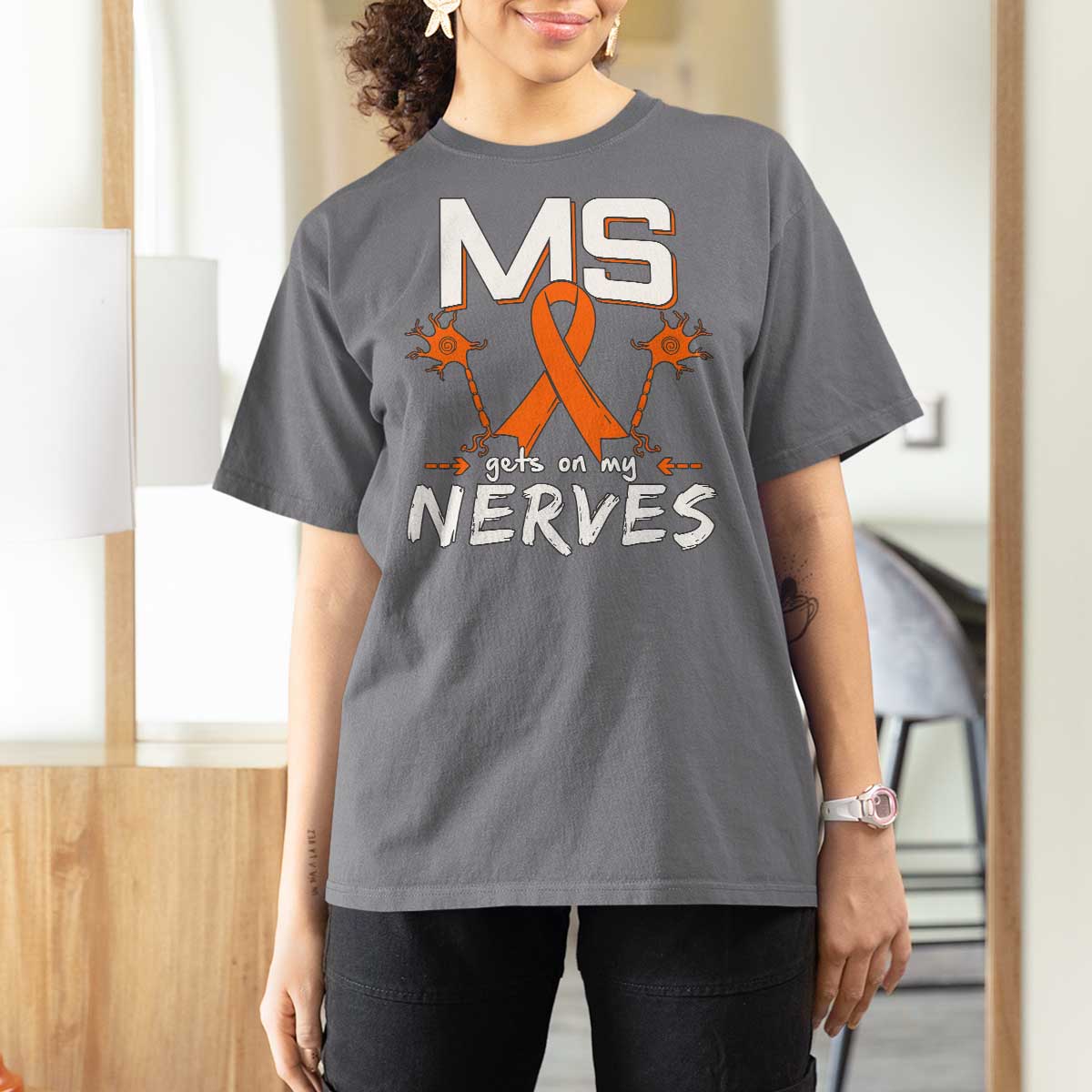 MS Gets On My Nerves Multiple Sclerosis Awareness T Shirt For Women Orange Ribbon