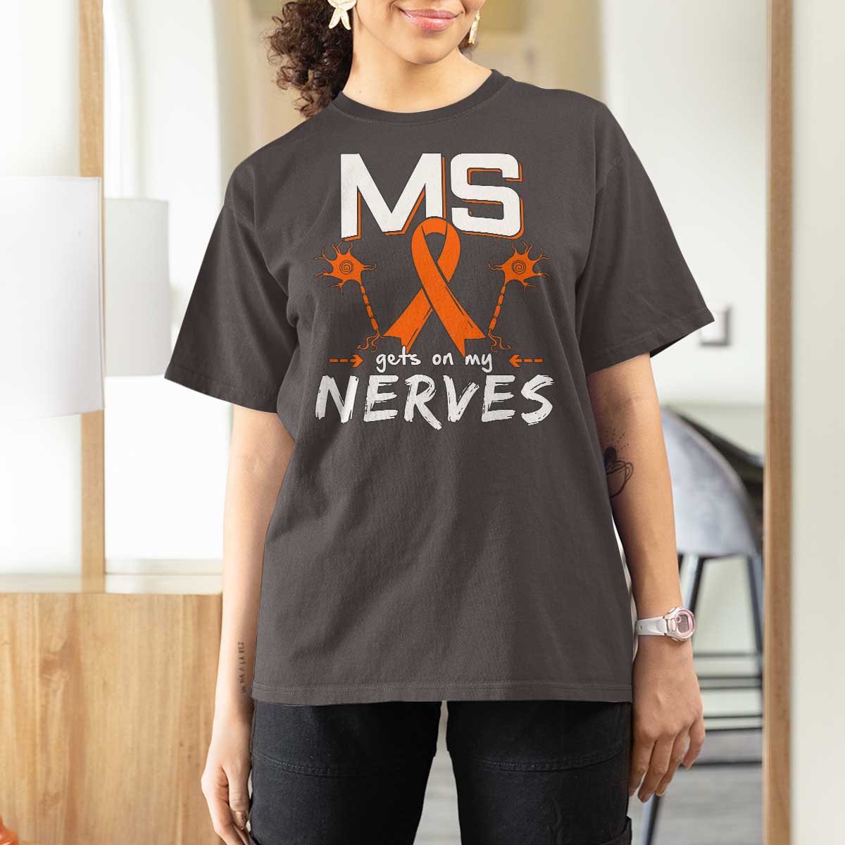 MS Gets On My Nerves Multiple Sclerosis Awareness T Shirt For Women Orange Ribbon