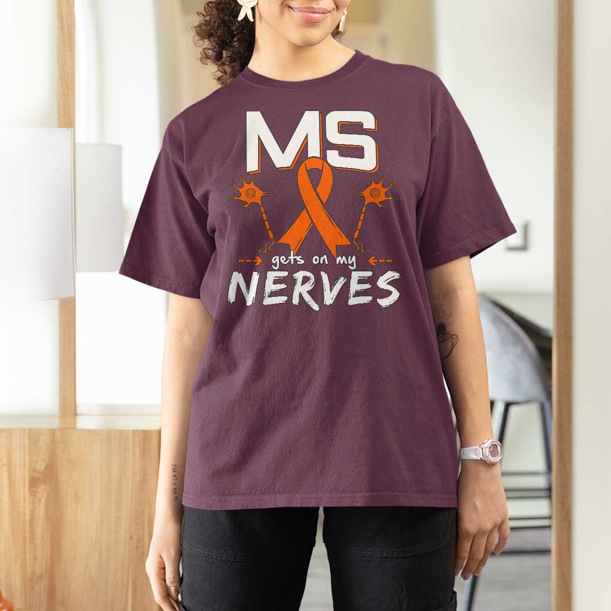 MS Gets On My Nerves Multiple Sclerosis Awareness T Shirt For Women Orange Ribbon