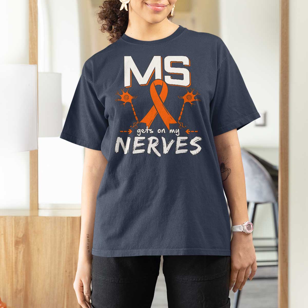 MS Gets On My Nerves Multiple Sclerosis Awareness T Shirt For Women Orange Ribbon