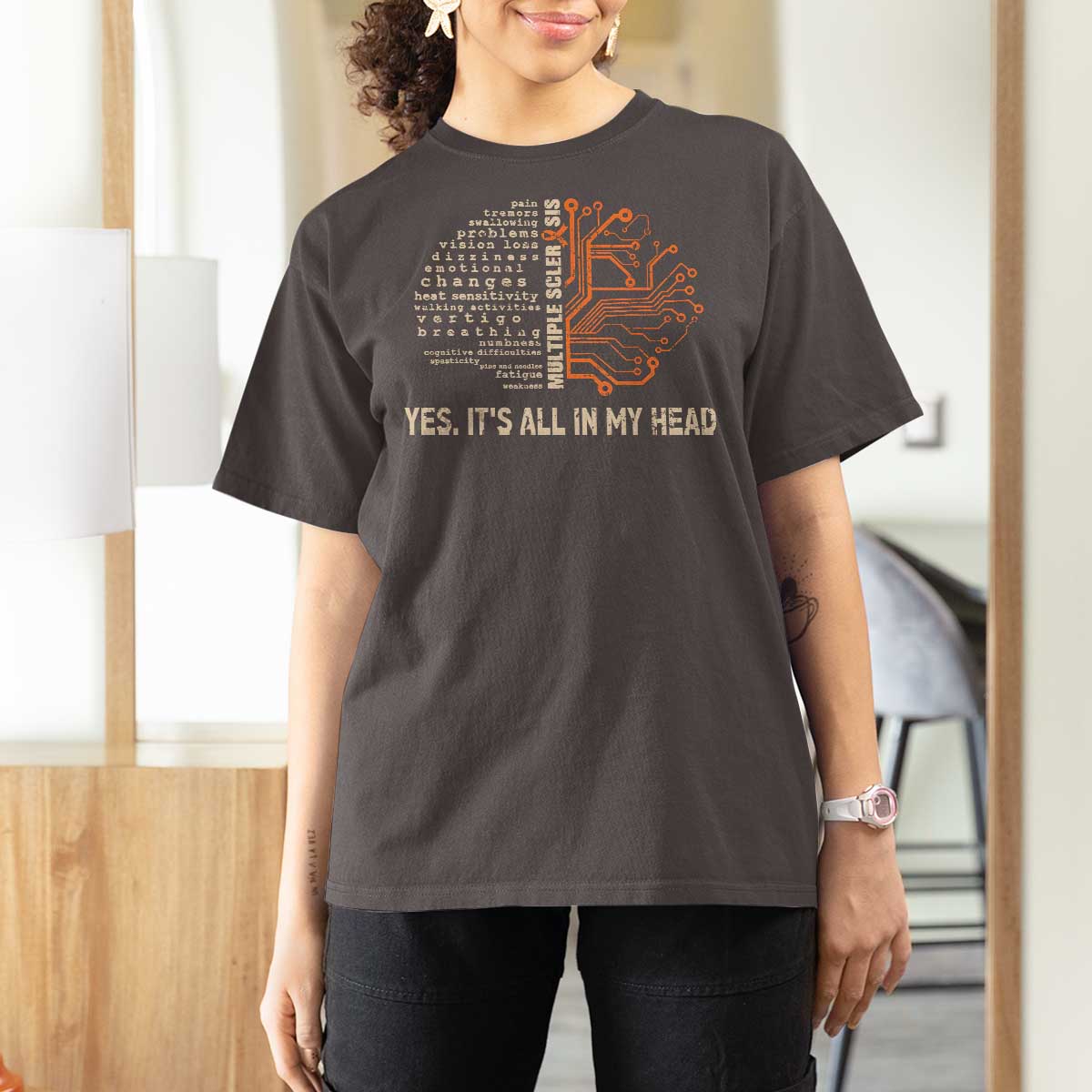 Multiple Sclerosis Awareness T Shirt For Women Orange Ribbon Yes It's All In My Head