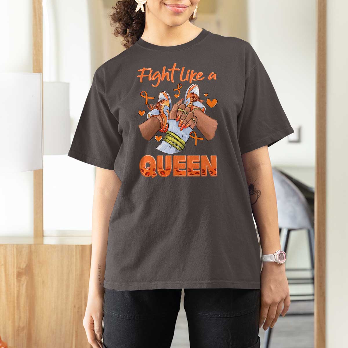 Multiple Sclerosis Awareness T Shirt For Women Orange Ribbon Fight MS Like A Queen