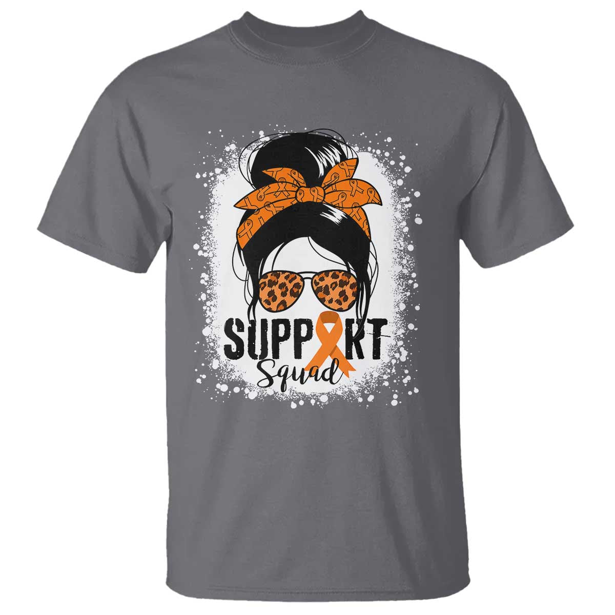 Multiple Sclerosis Awareness T Shirt Orange Ribbon Support Squad Messy Bun