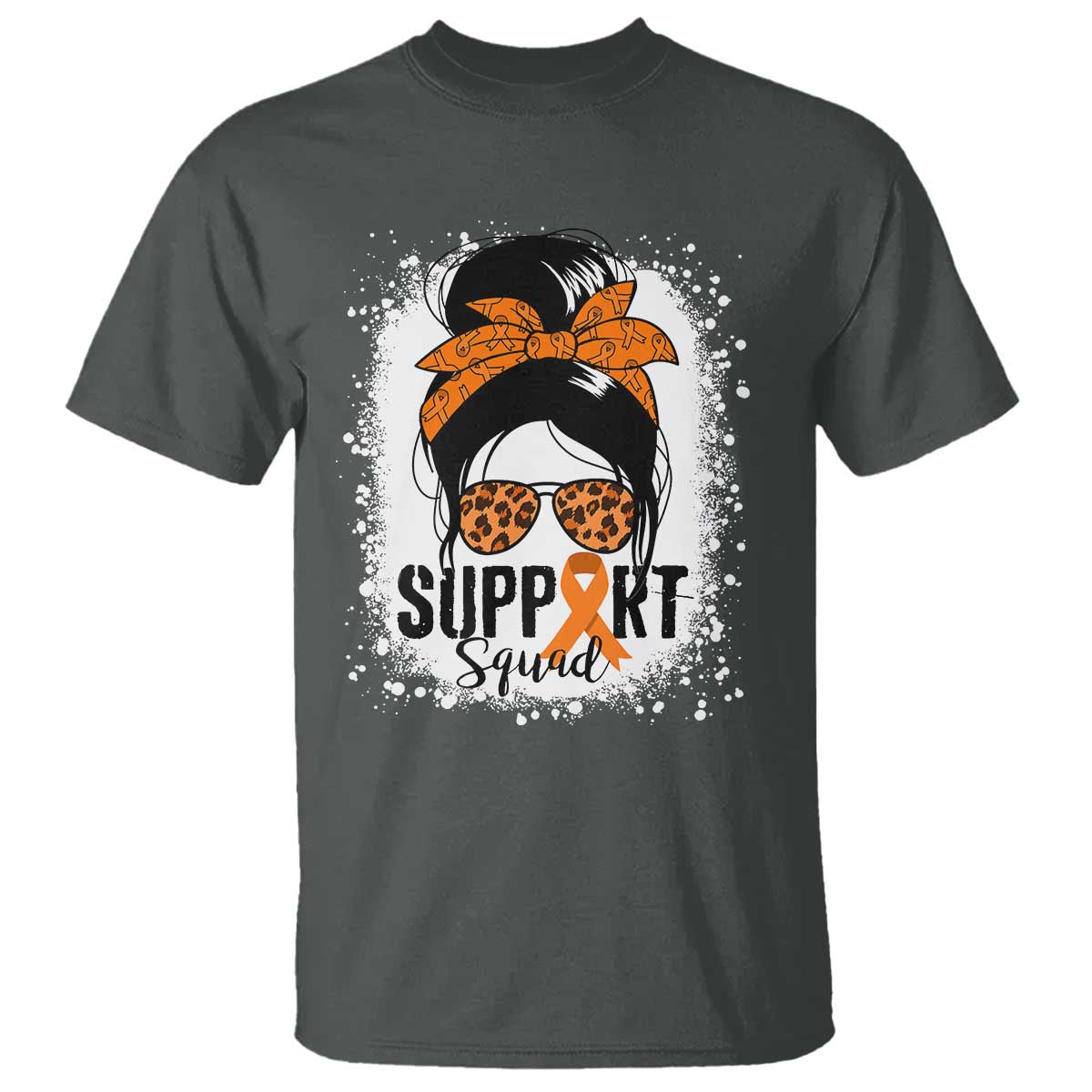 Multiple Sclerosis Awareness T Shirt Orange Ribbon Support Squad Messy Bun
