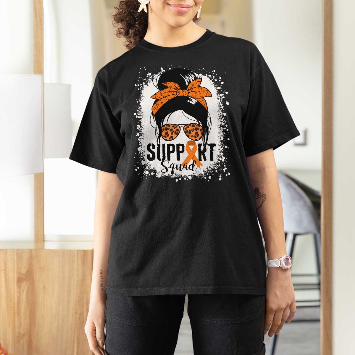 Multiple Sclerosis Awareness T Shirt For Women Orange Ribbon Support Squad Messy Bun