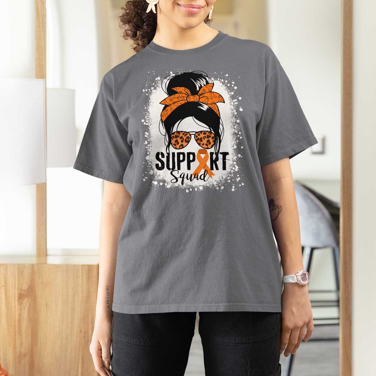 Multiple Sclerosis Awareness T Shirt For Women Orange Ribbon Support Squad Messy Bun