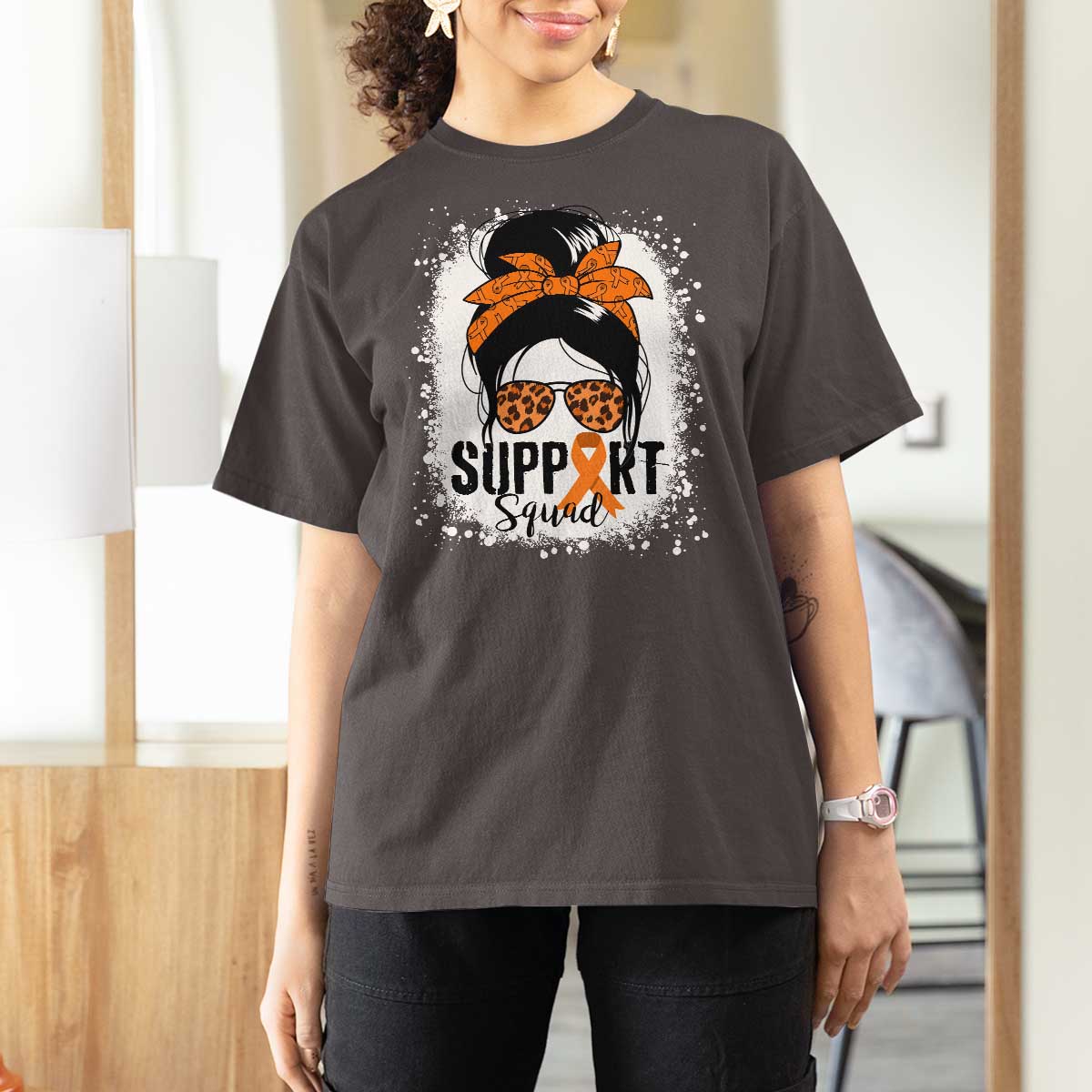Multiple Sclerosis Awareness T Shirt For Women Orange Ribbon Support Squad Messy Bun