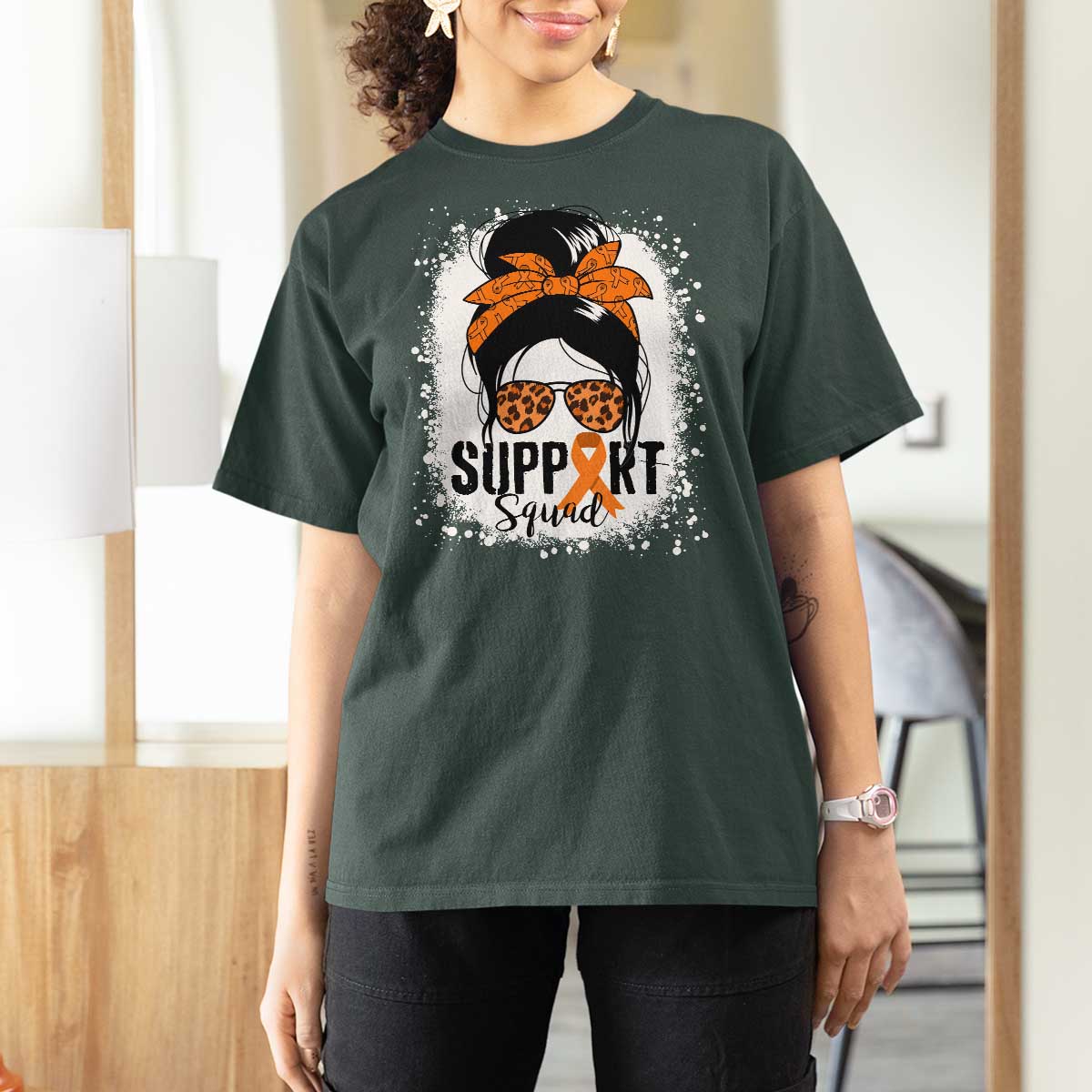 Multiple Sclerosis Awareness T Shirt For Women Orange Ribbon Support Squad Messy Bun