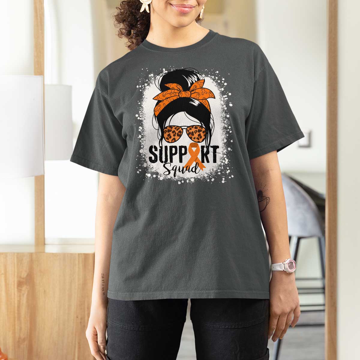 Multiple Sclerosis Awareness T Shirt For Women Orange Ribbon Support Squad Messy Bun