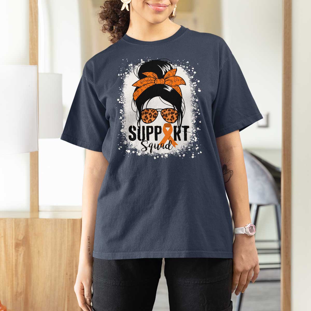 Multiple Sclerosis Awareness T Shirt For Women Orange Ribbon Support Squad Messy Bun