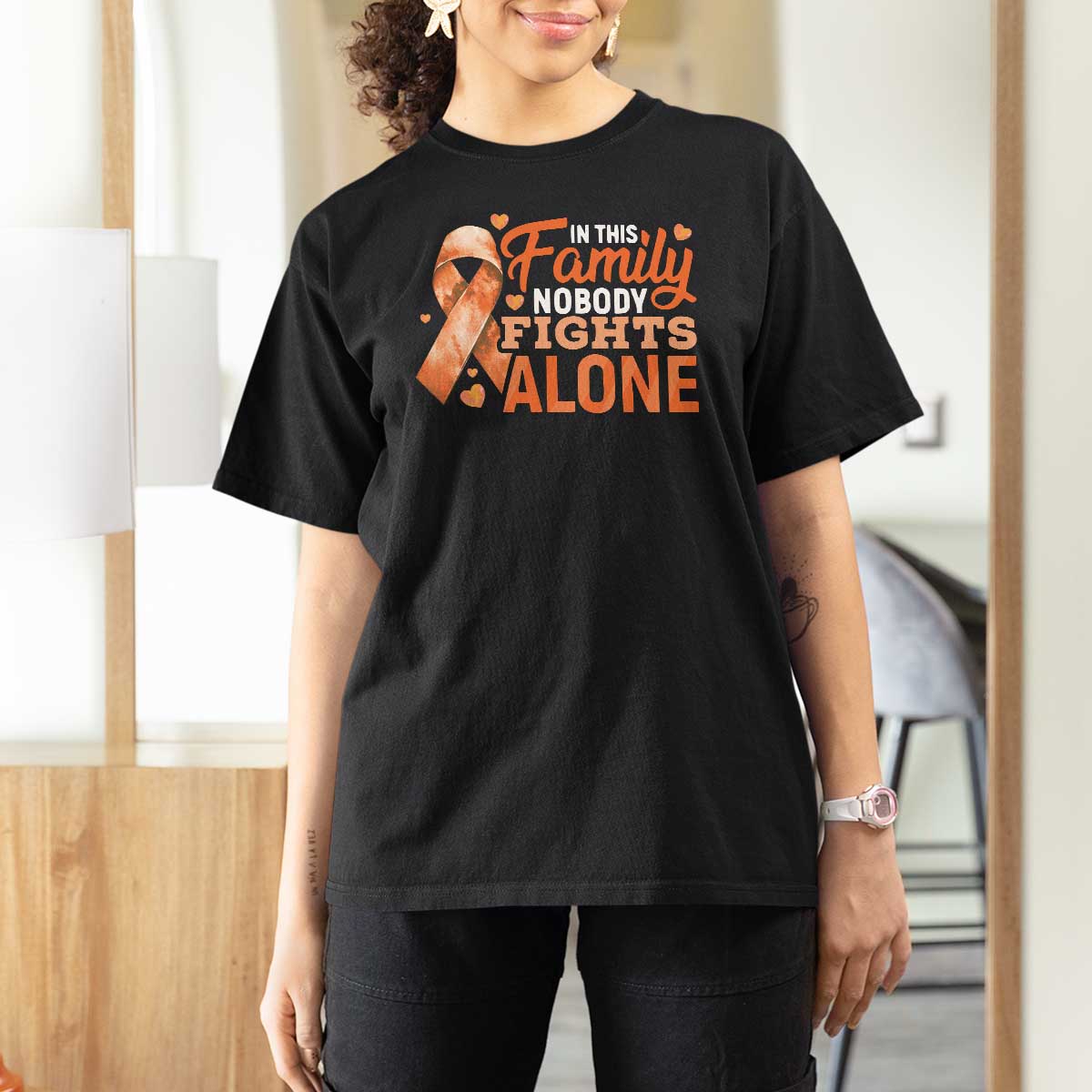 Multiple Sclerosis Awareness T Shirt For Women Orange Ribbon In This Family Nobody Fights Alone