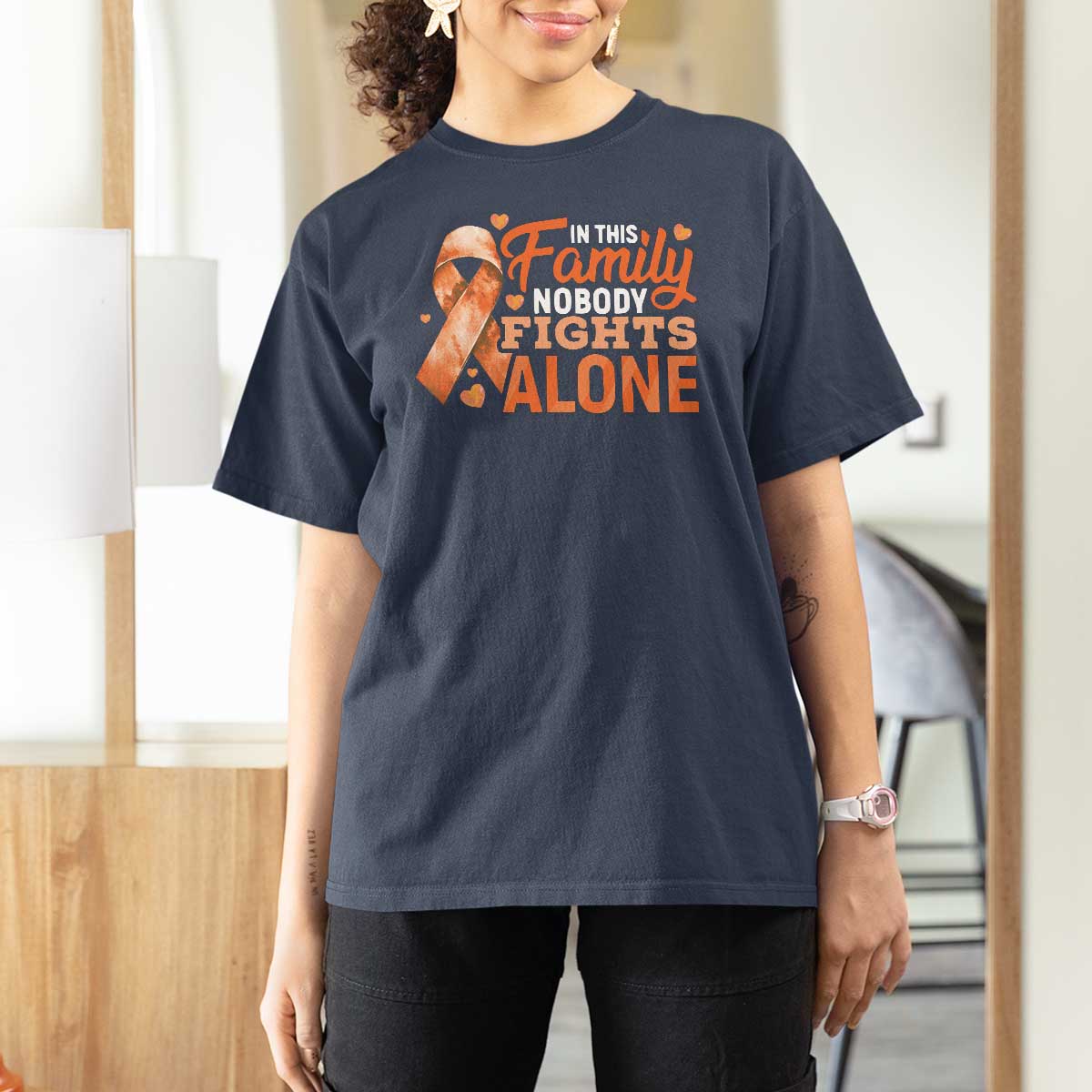 Multiple Sclerosis Awareness T Shirt For Women Orange Ribbon In This Family Nobody Fights Alone