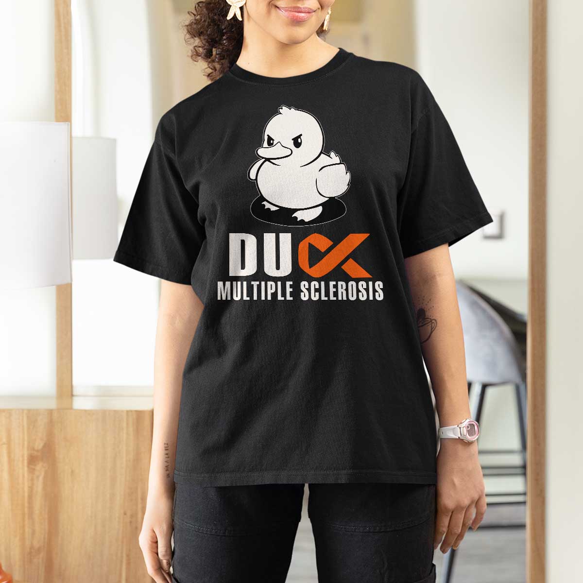 Duck Multiple Sclerosis Awareness T Shirt For Women Orange Ribbon MS Support Squad
