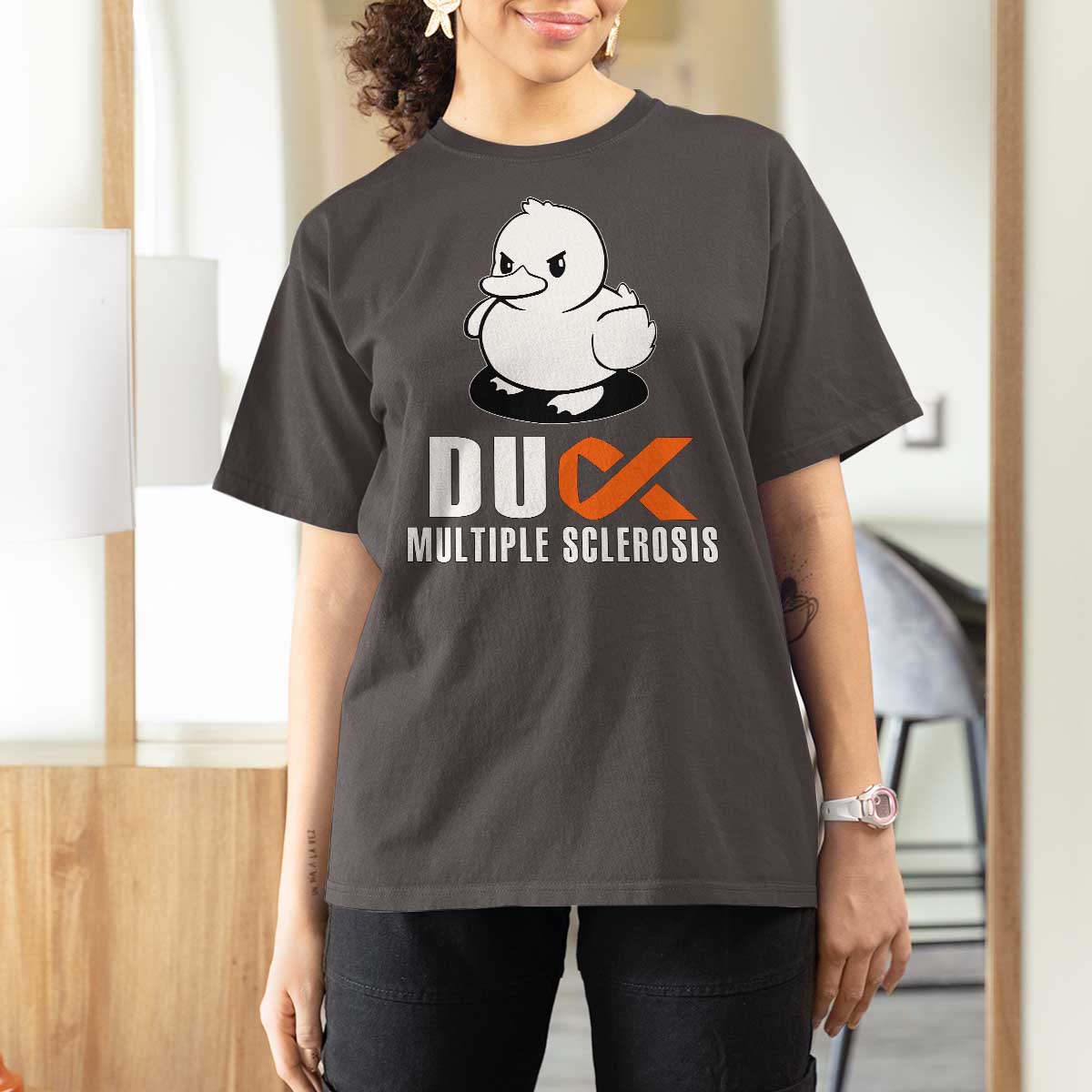 Duck Multiple Sclerosis Awareness T Shirt For Women Orange Ribbon MS Support Squad