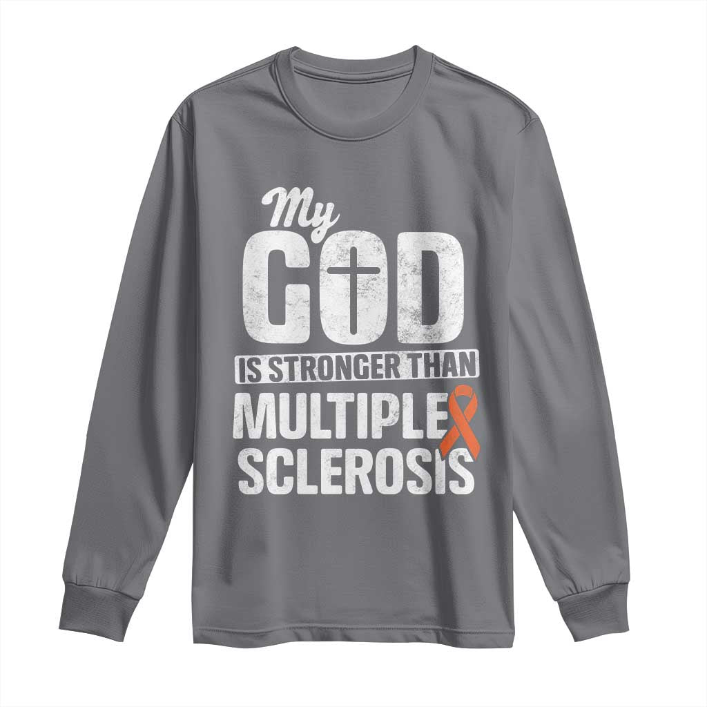 God Stronger Multiple Sclerosis Awareness Long Sleeve Shirt Orange Ribbon MS Support Squad