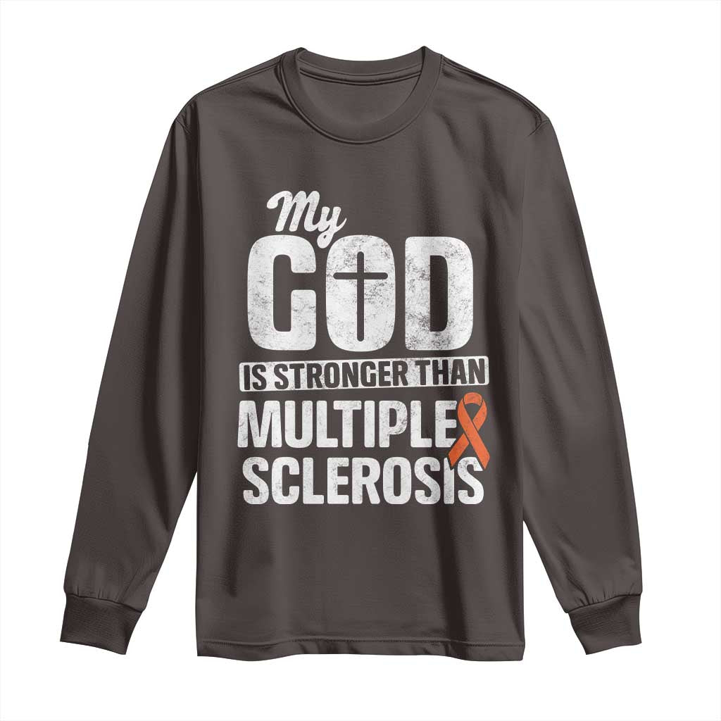 God Stronger Multiple Sclerosis Awareness Long Sleeve Shirt Orange Ribbon MS Support Squad