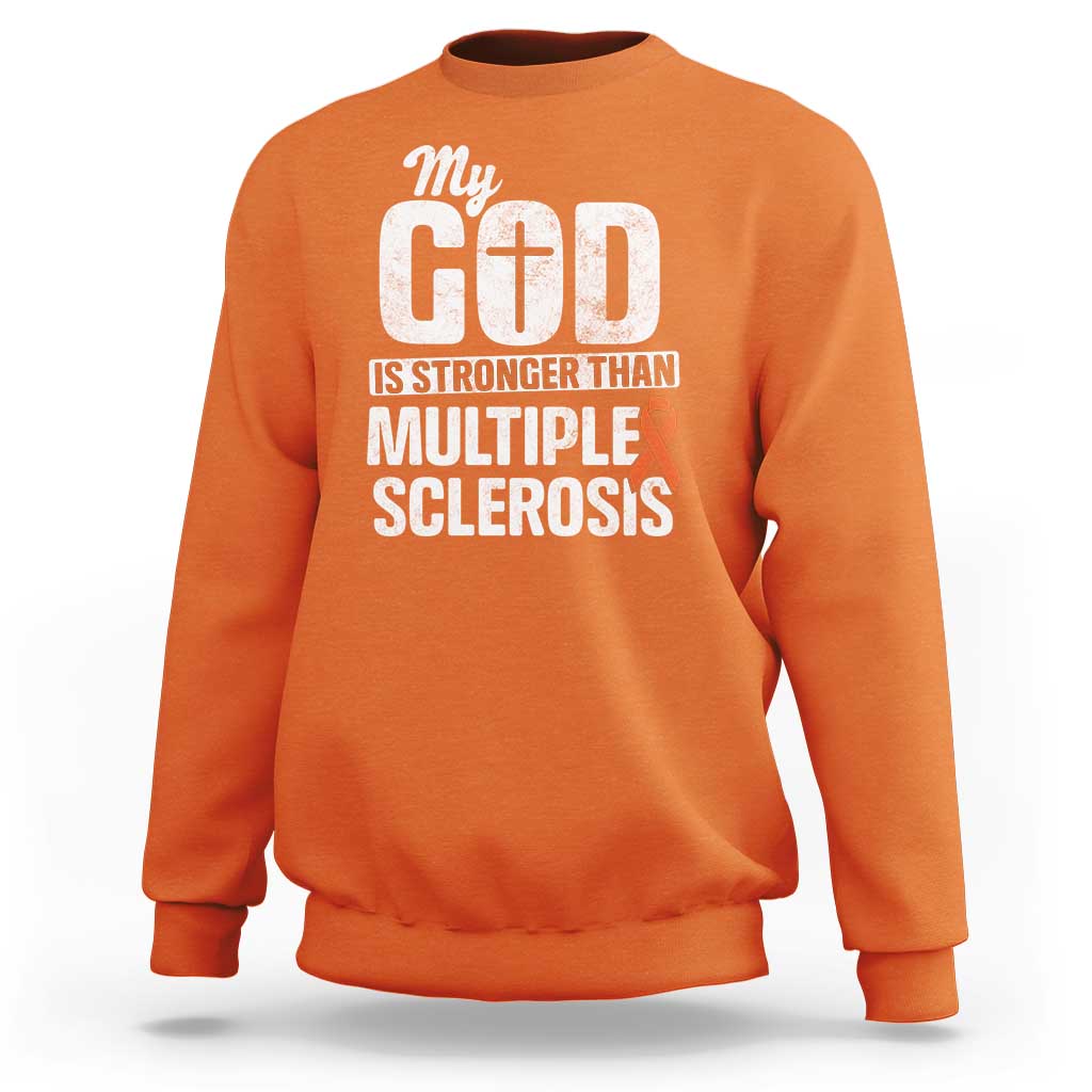 God Stronger Multiple Sclerosis Awareness Sweatshirt Orange Ribbon MS Support Squad