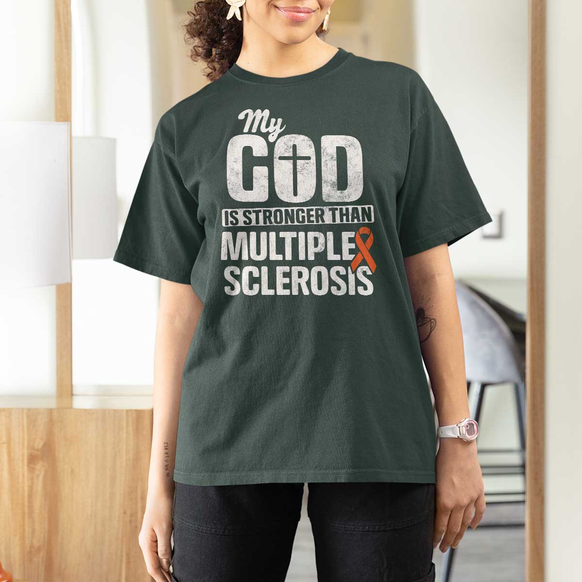 God Stronger Multiple Sclerosis Awareness T Shirt For Women Orange Ribbon MS Support Squad