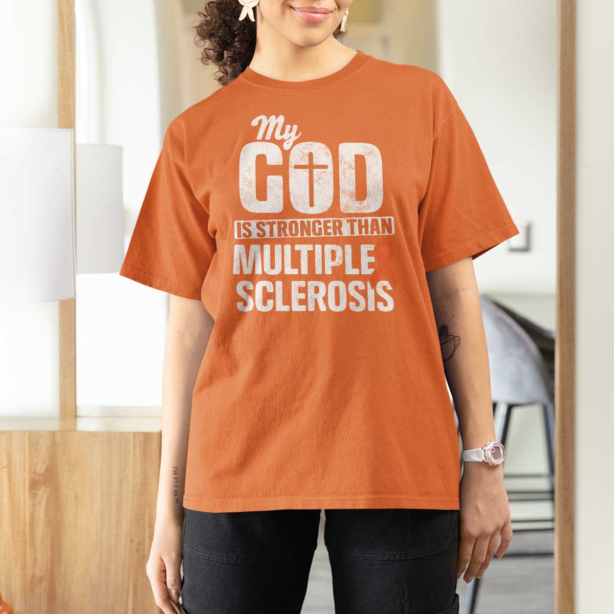 God Stronger Multiple Sclerosis Awareness T Shirt For Women Orange Ribbon MS Support Squad