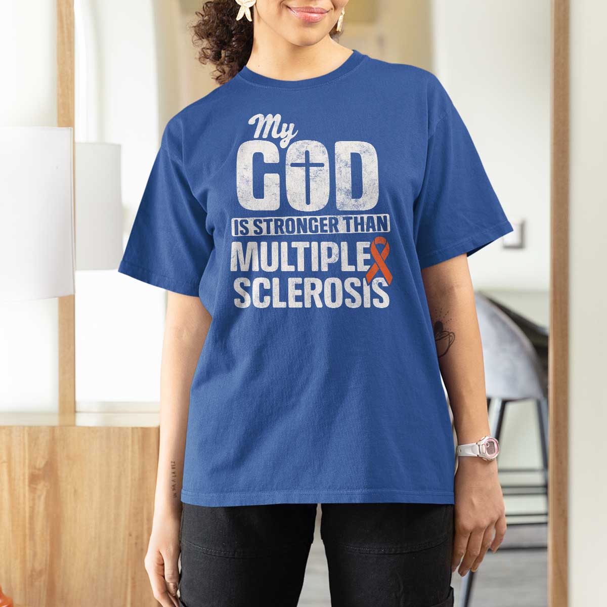 God Stronger Multiple Sclerosis Awareness T Shirt For Women Orange Ribbon MS Support Squad