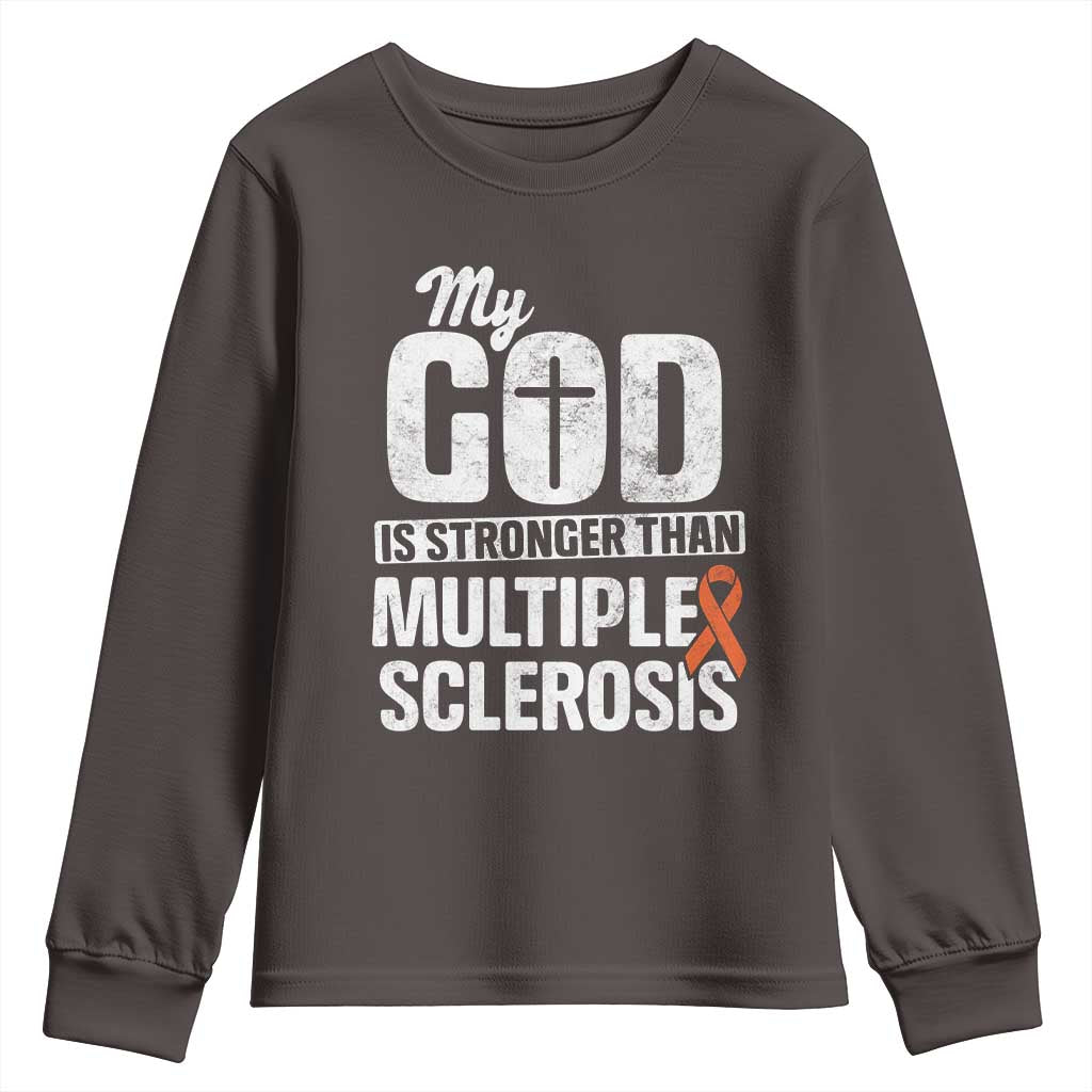 God Stronger Multiple Sclerosis Awareness Youth Sweatshirt Orange Ribbon MS Support Squad