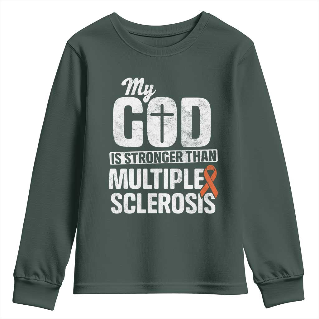 God Stronger Multiple Sclerosis Awareness Youth Sweatshirt Orange Ribbon MS Support Squad