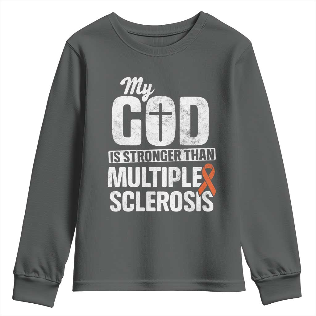 God Stronger Multiple Sclerosis Awareness Youth Sweatshirt Orange Ribbon MS Support Squad