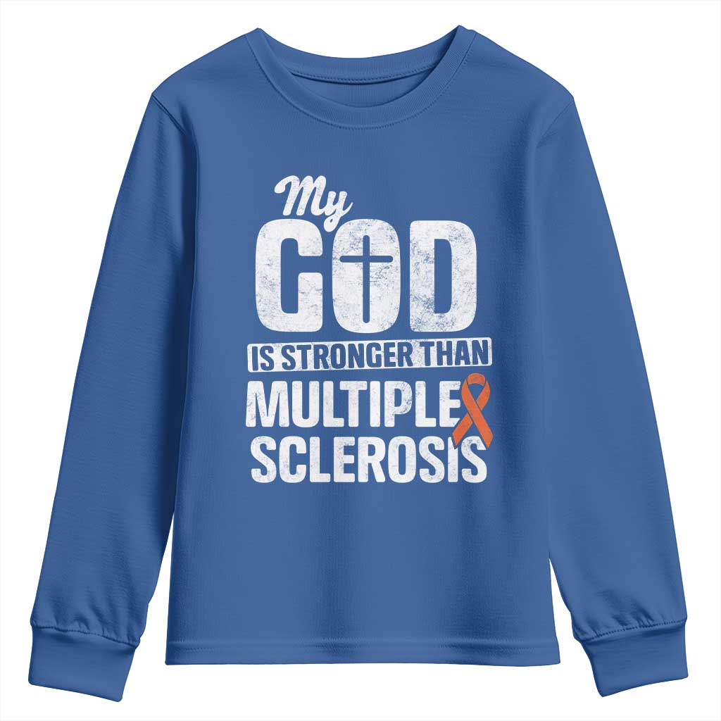 God Stronger Multiple Sclerosis Awareness Youth Sweatshirt Orange Ribbon MS Support Squad