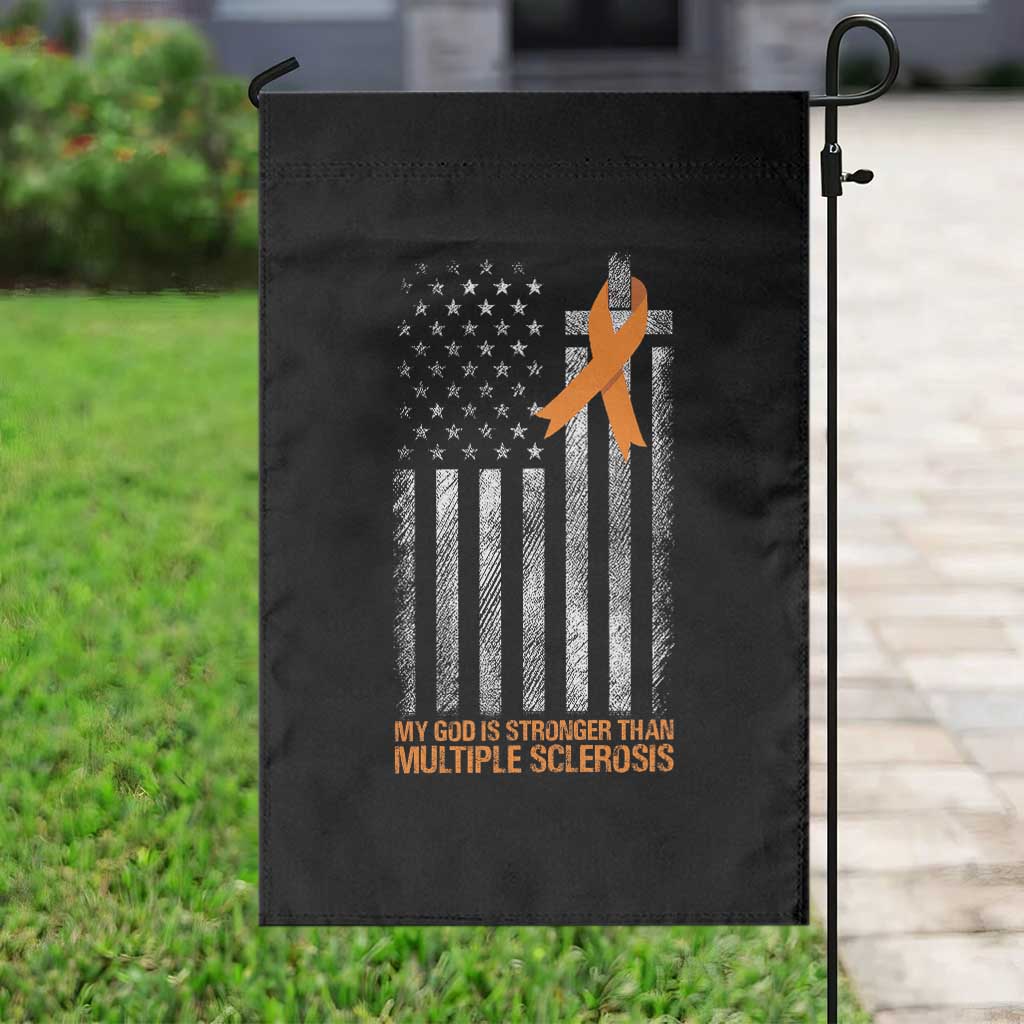 God Stronger Multiple Sclerosis Awareness Garden Flag Orange Ribbon Christian US USA Flag American Christ Cross - Wonder Print Shop