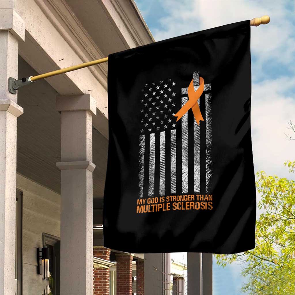 God Stronger Multiple Sclerosis Awareness Garden Flag Orange Ribbon Christian US USA Flag American Christ Cross - Wonder Print Shop