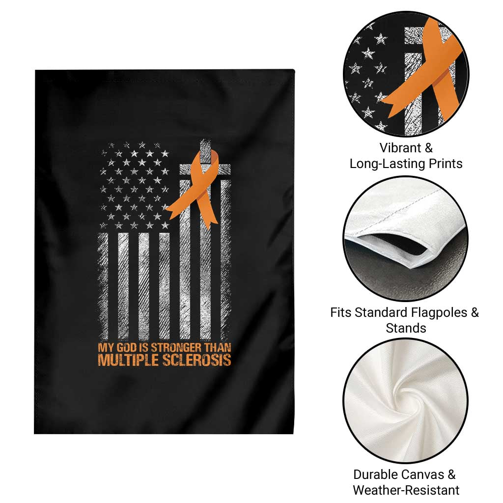 God Stronger Multiple Sclerosis Awareness Garden Flag Orange Ribbon Christian US USA Flag American Christ Cross - Wonder Print Shop
