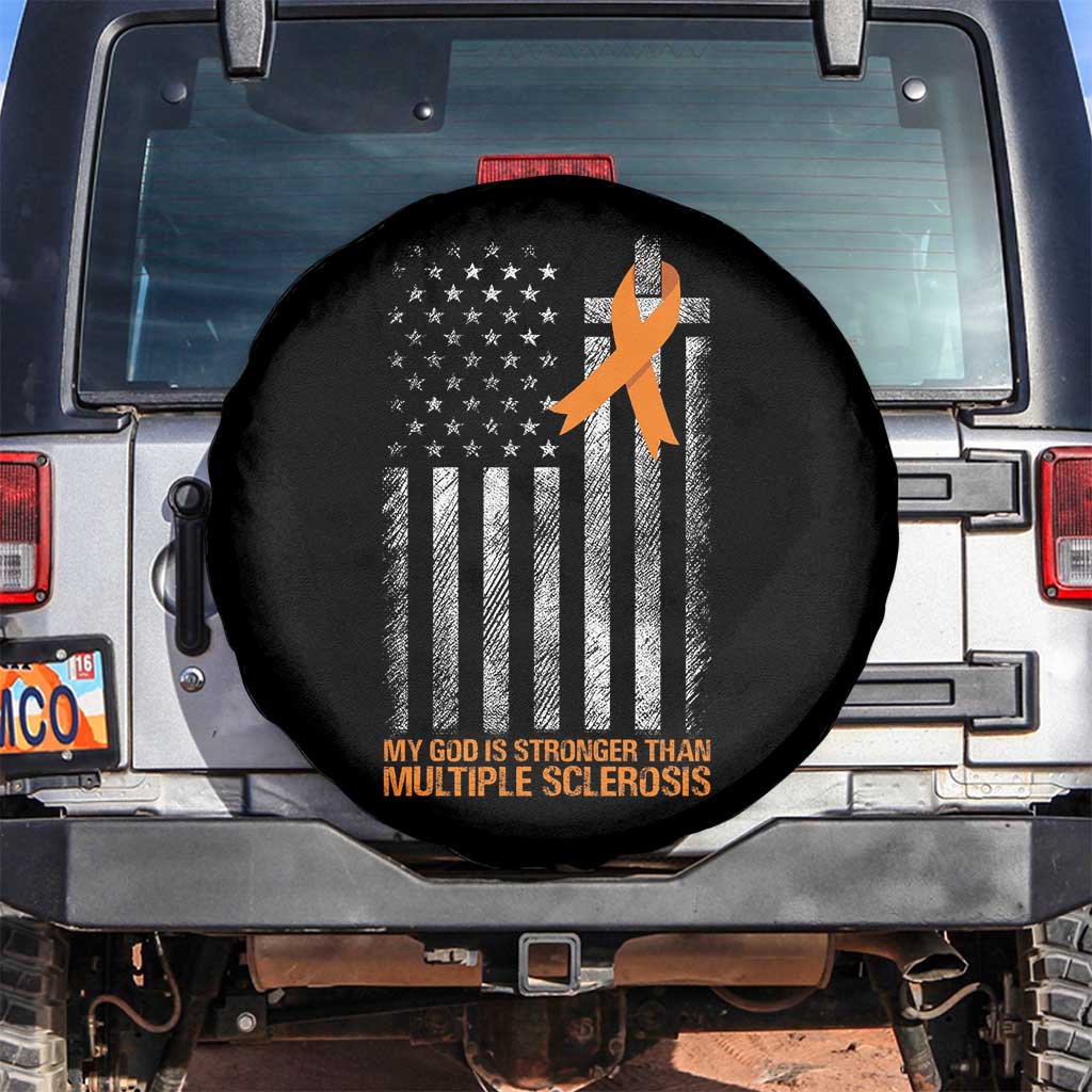 God Stronger Multiple Sclerosis Awareness Spare Tire Cover Orange Ribbon Christian US USA Flag American Christ Cross