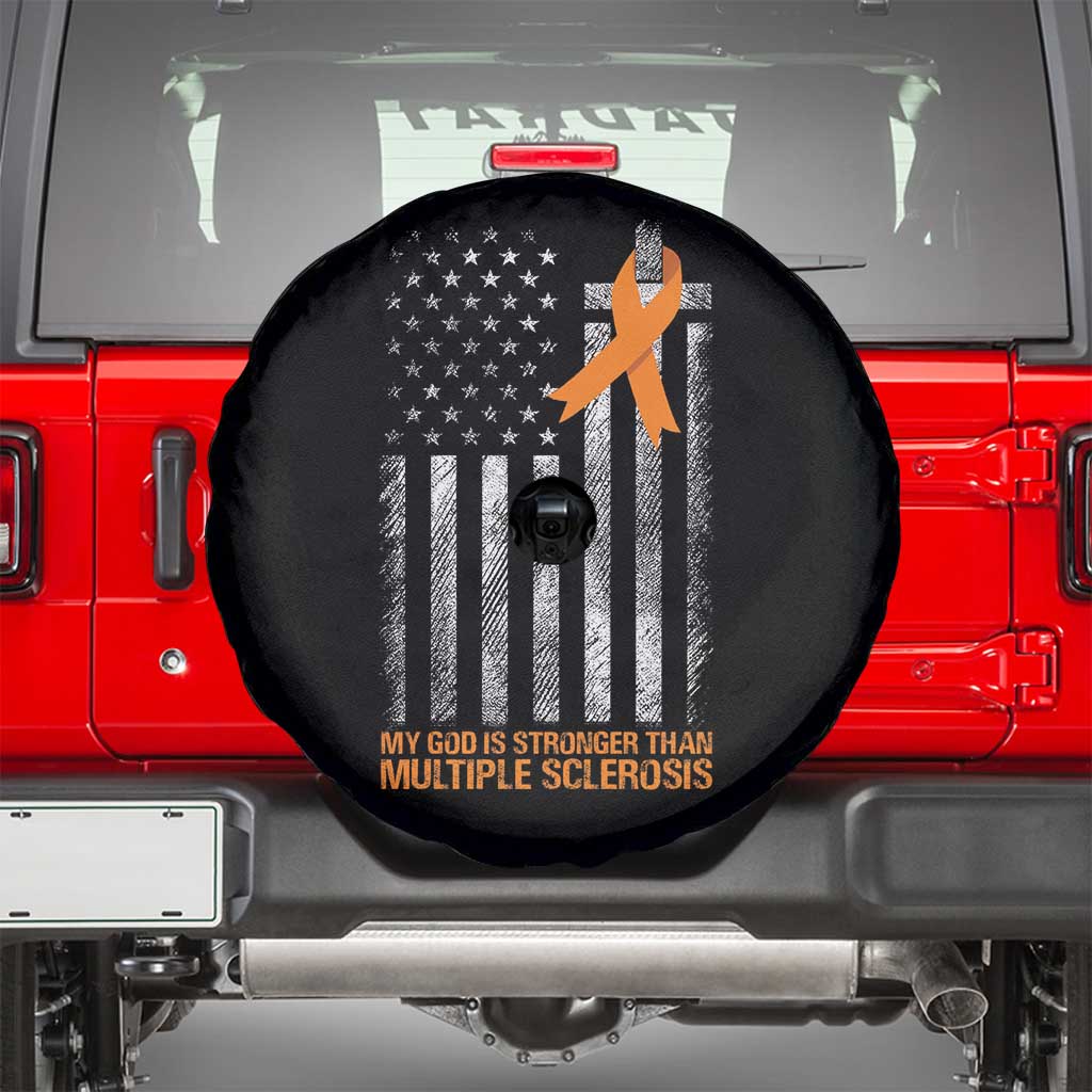 God Stronger Multiple Sclerosis Awareness Spare Tire Cover Orange Ribbon Christian US USA Flag American Christ Cross