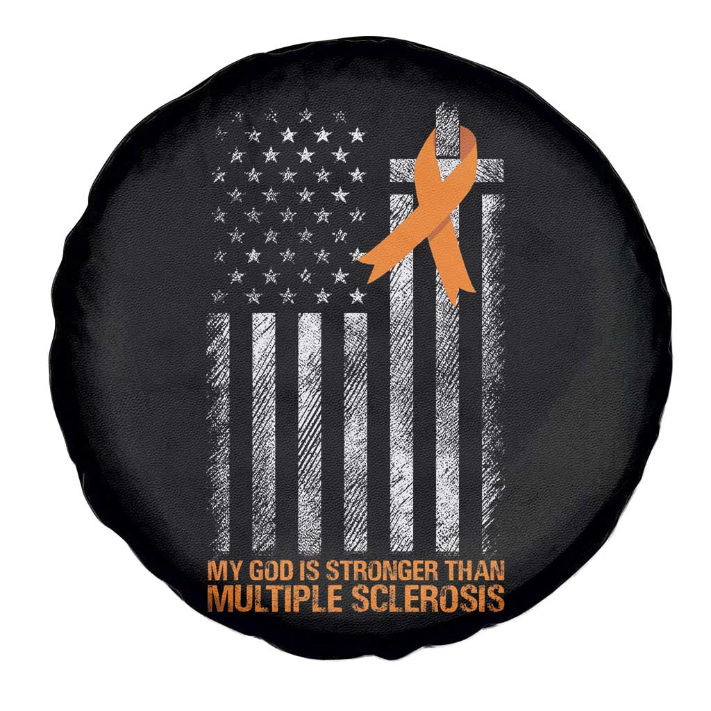 God Stronger Multiple Sclerosis Awareness Spare Tire Cover Orange Ribbon Christian US USA Flag American Christ Cross