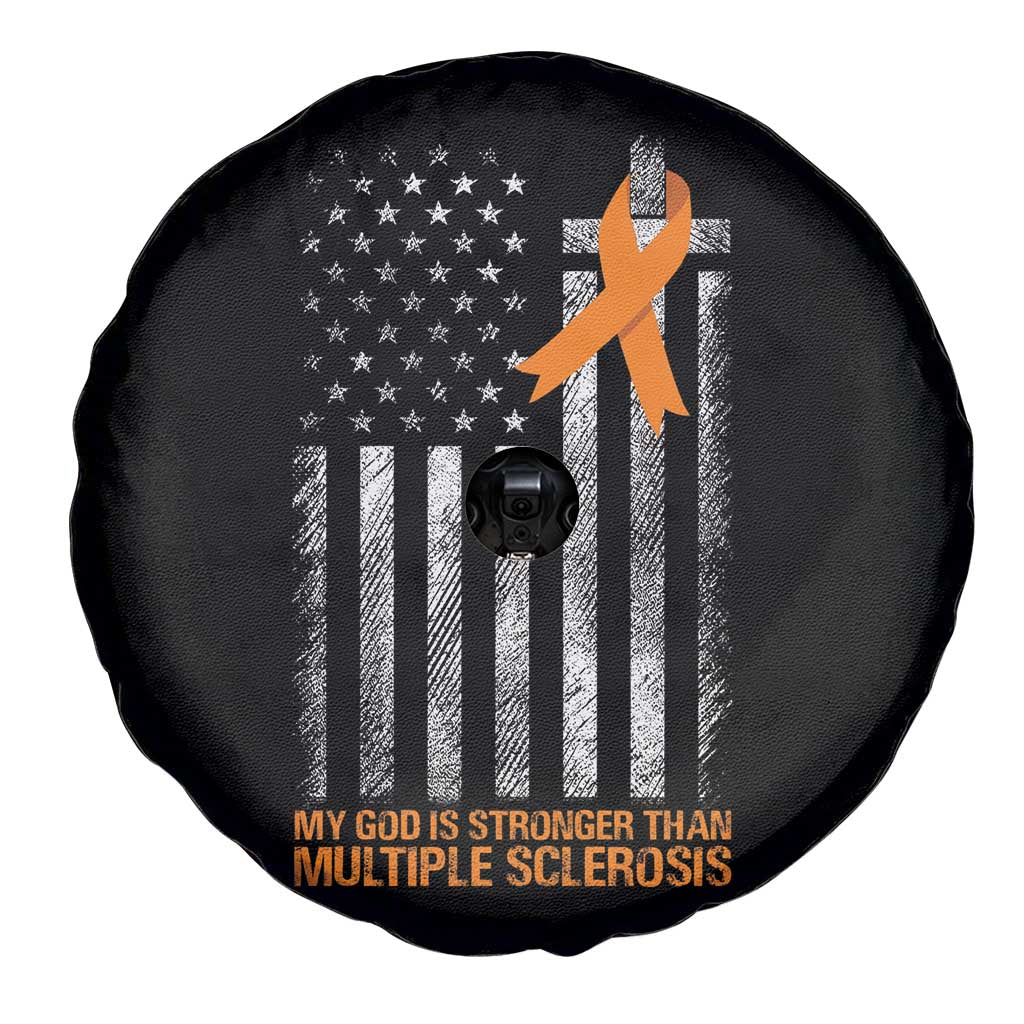 God Stronger Multiple Sclerosis Awareness Spare Tire Cover Orange Ribbon Christian US USA Flag American Christ Cross
