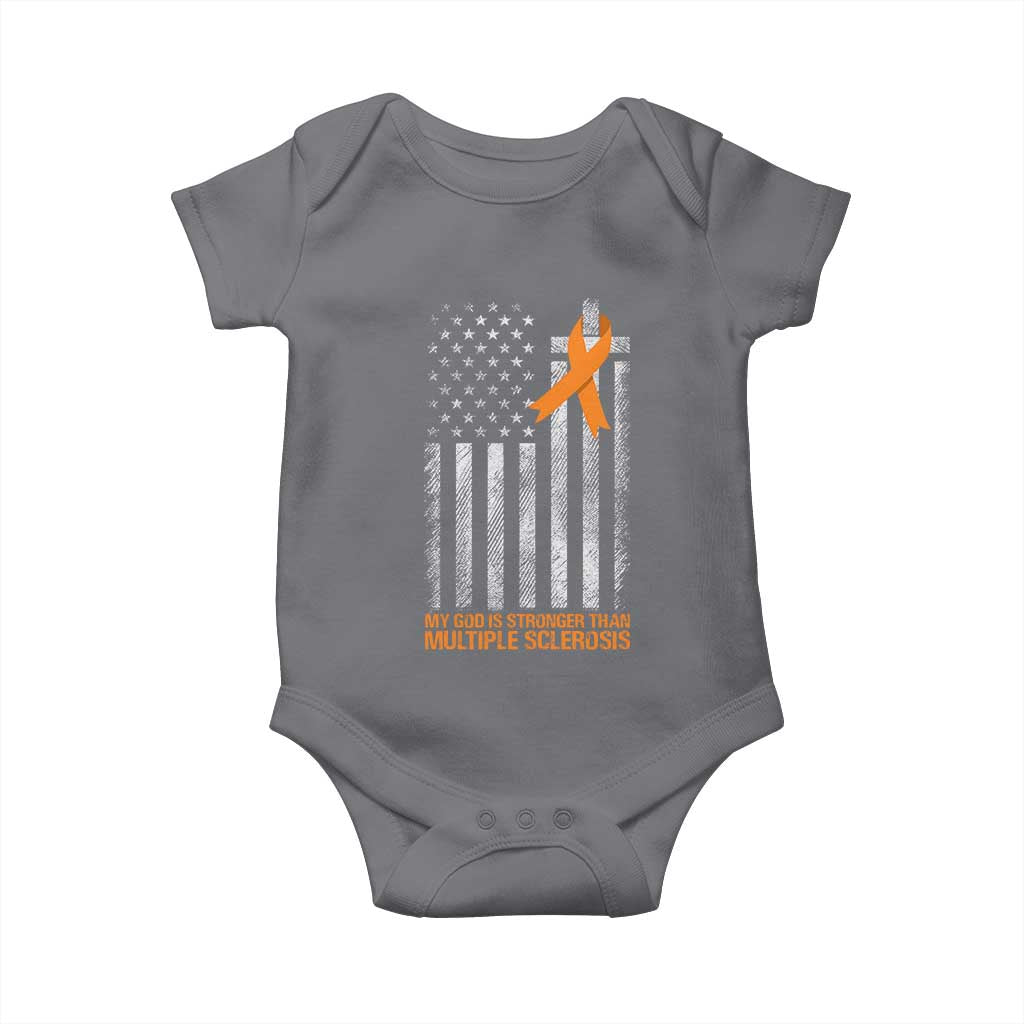 God Stronger Multiple Sclerosis Awareness Baby Onesie Orange Ribbon Christian US USA Flag American Christ Cross