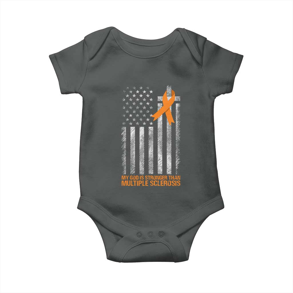 God Stronger Multiple Sclerosis Awareness Baby Onesie Orange Ribbon Christian US USA Flag American Christ Cross