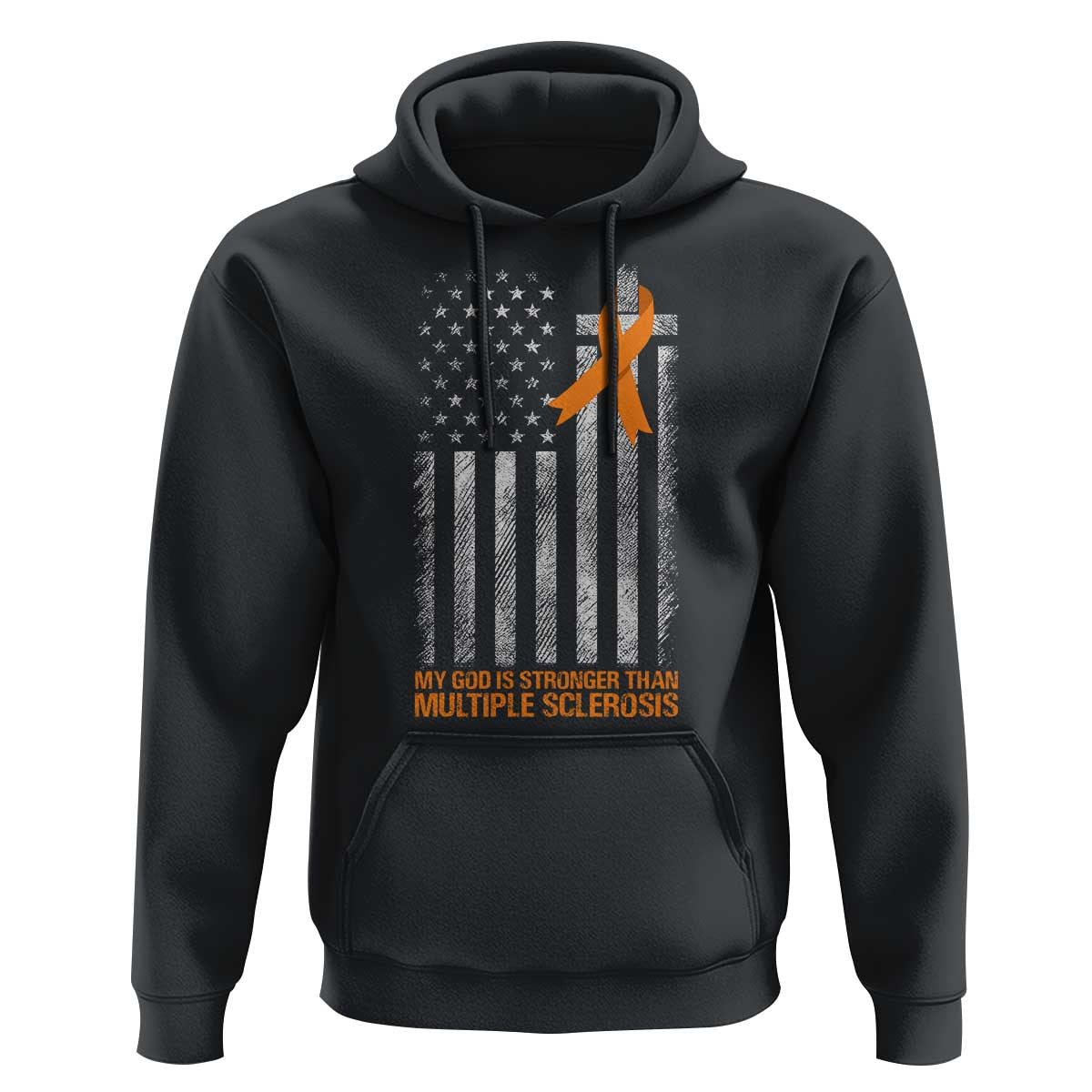 God Stronger Multiple Sclerosis Awareness Hoodie Orange Ribbon Christian US USA Flag American Christ Cross