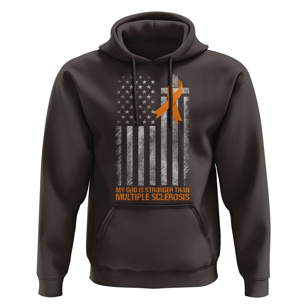 God Stronger Multiple Sclerosis Awareness Hoodie Orange Ribbon Christian US USA Flag American Christ Cross