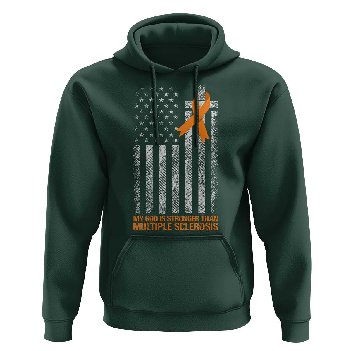 God Stronger Multiple Sclerosis Awareness Hoodie Orange Ribbon Christian US USA Flag American Christ Cross