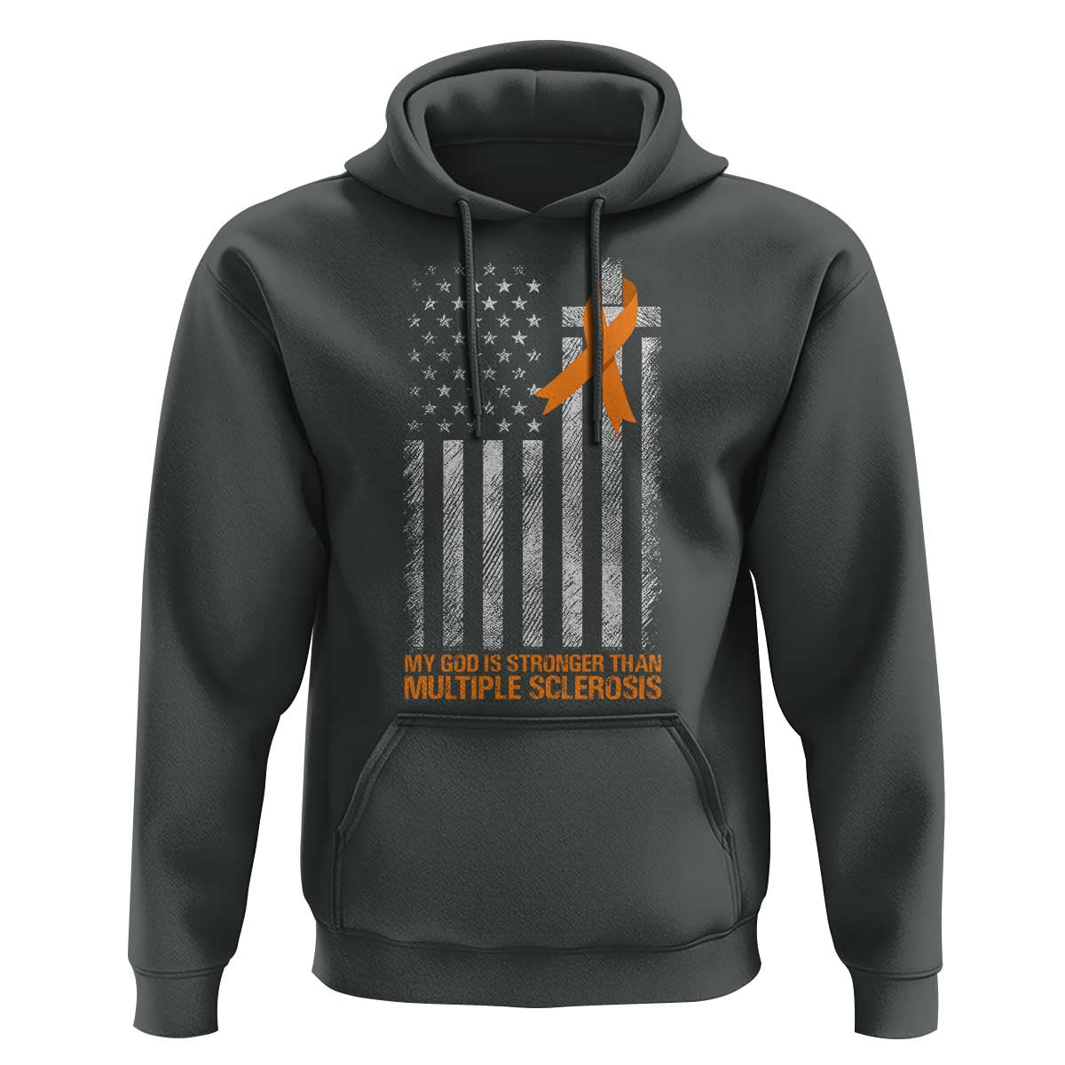 God Stronger Multiple Sclerosis Awareness Hoodie Orange Ribbon Christian US USA Flag American Christ Cross